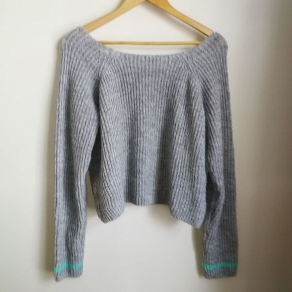 FASHION NOVA Grey & Turquoise Stripes Chunky Knit Cropped Sweater Large - Picture 13 of 13